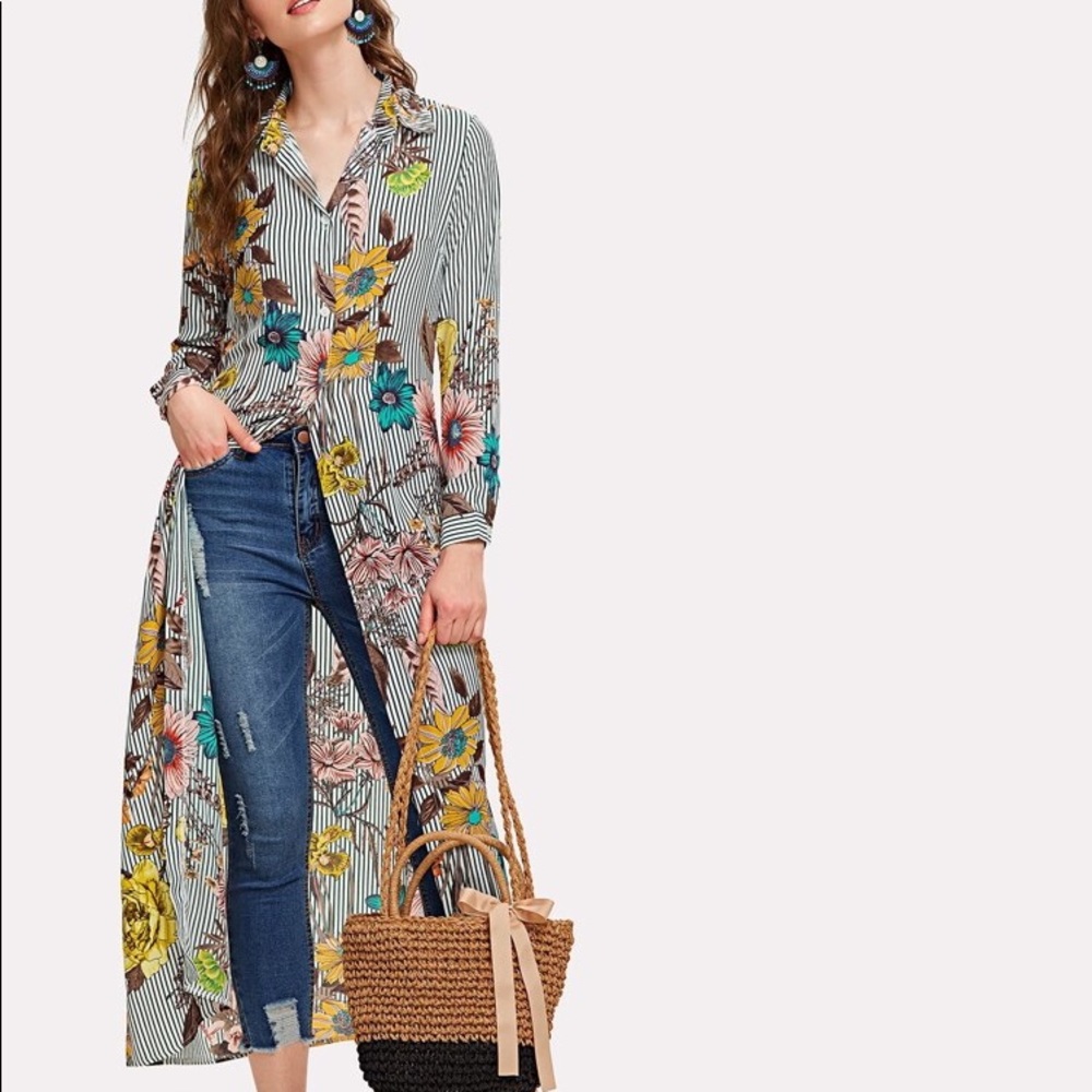 Long button down shirt, vertical stripes & floral